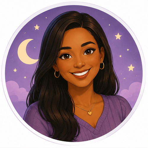Tia Maiara – personagem ilustrada sorrindo com fundo estrelado roxo